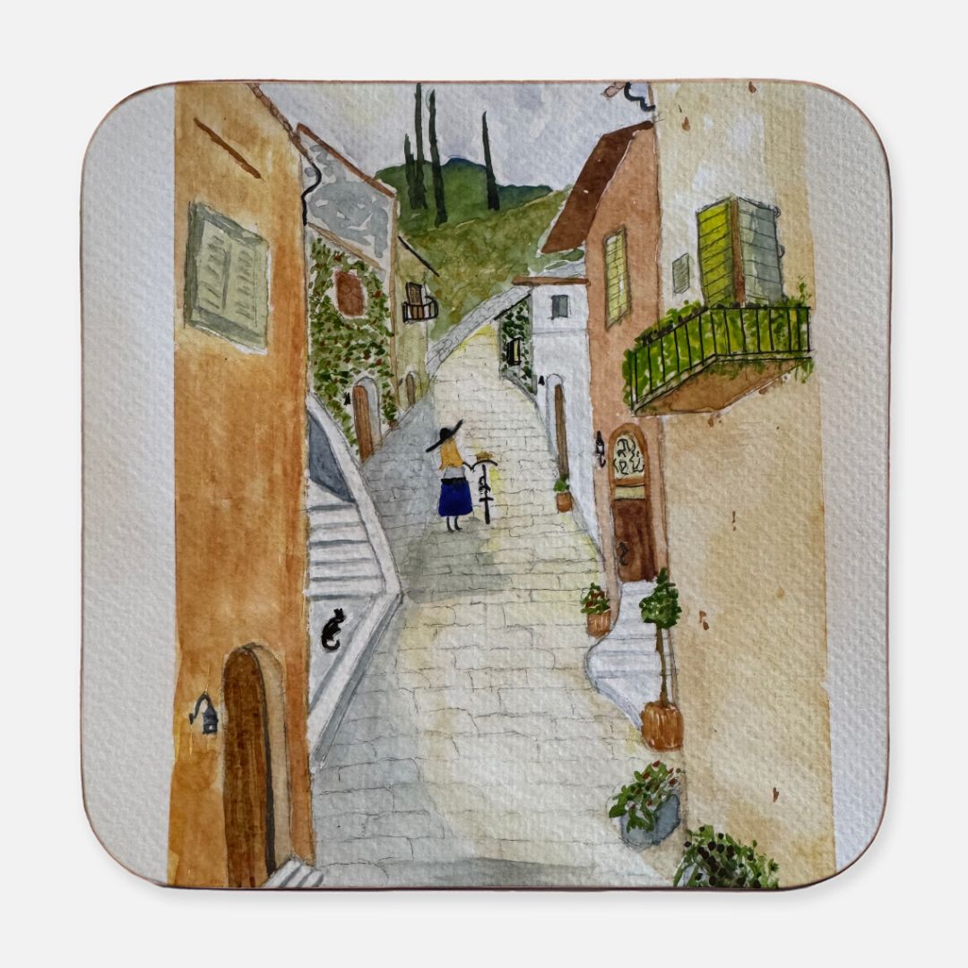 Glossy polyester-coated hardboard coasters with watercolor art — alternate view