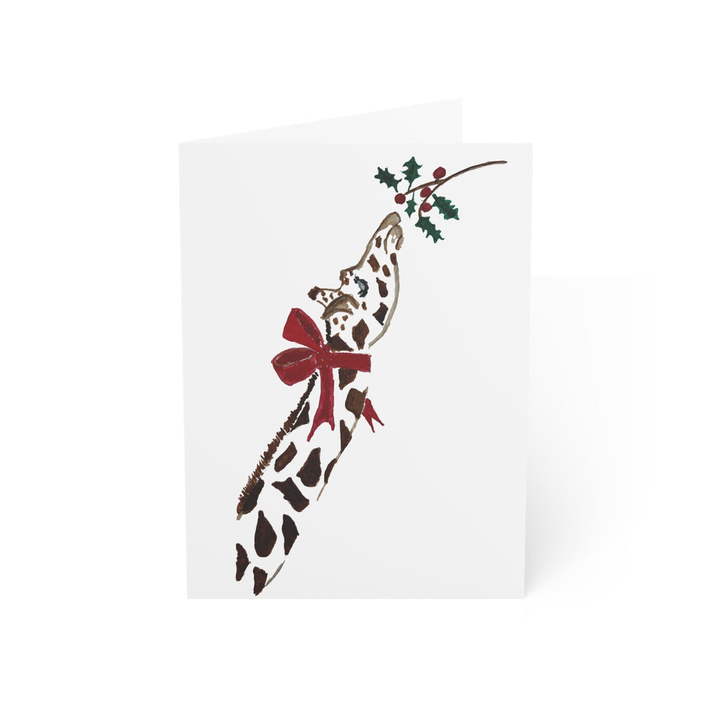 Deck the Halls giraffe watercolor Christmas card, 5x7, front view