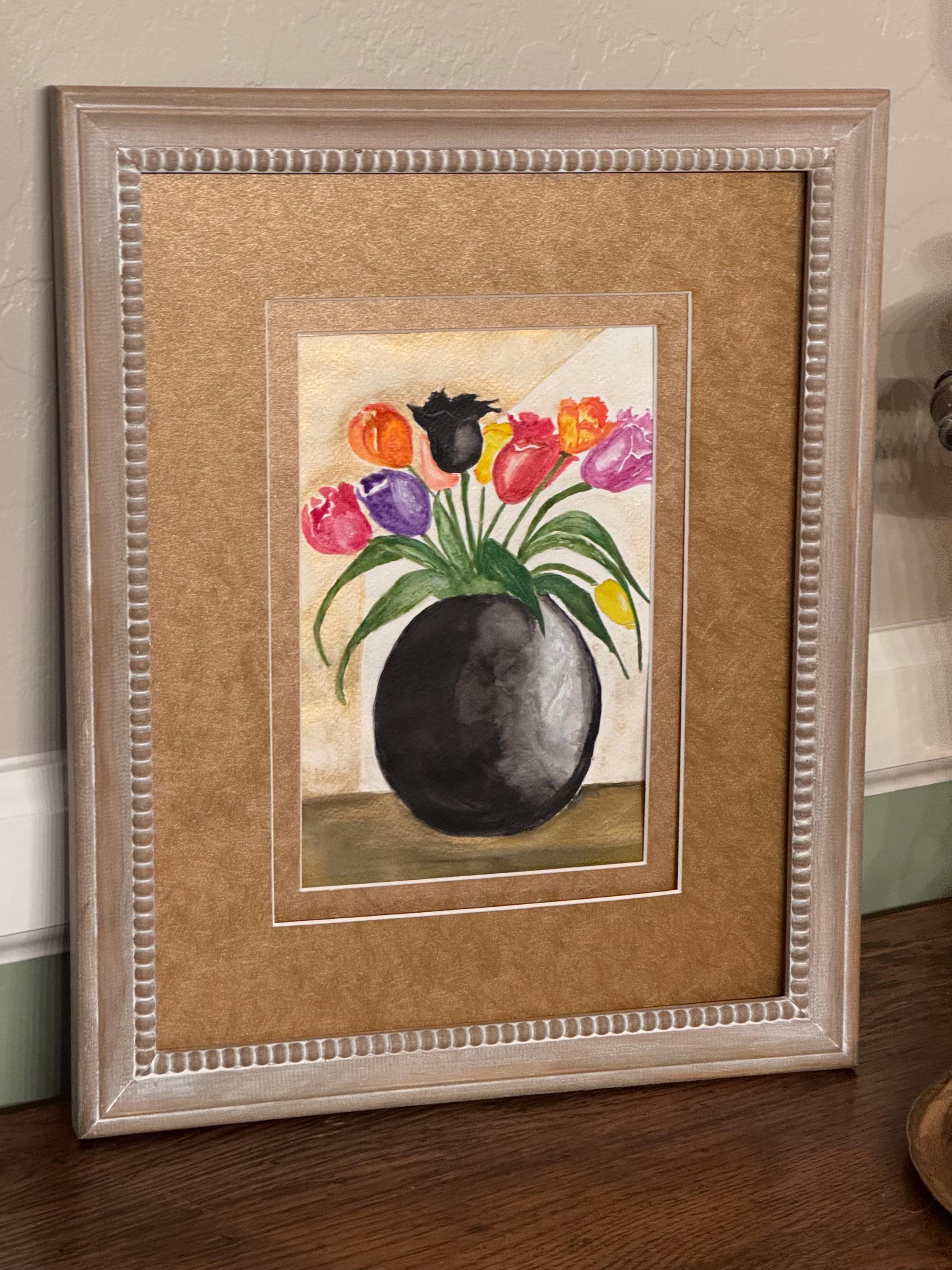 Tulips in Black Vase Original Watercolor Painting – 7x10 Floral Wall Art