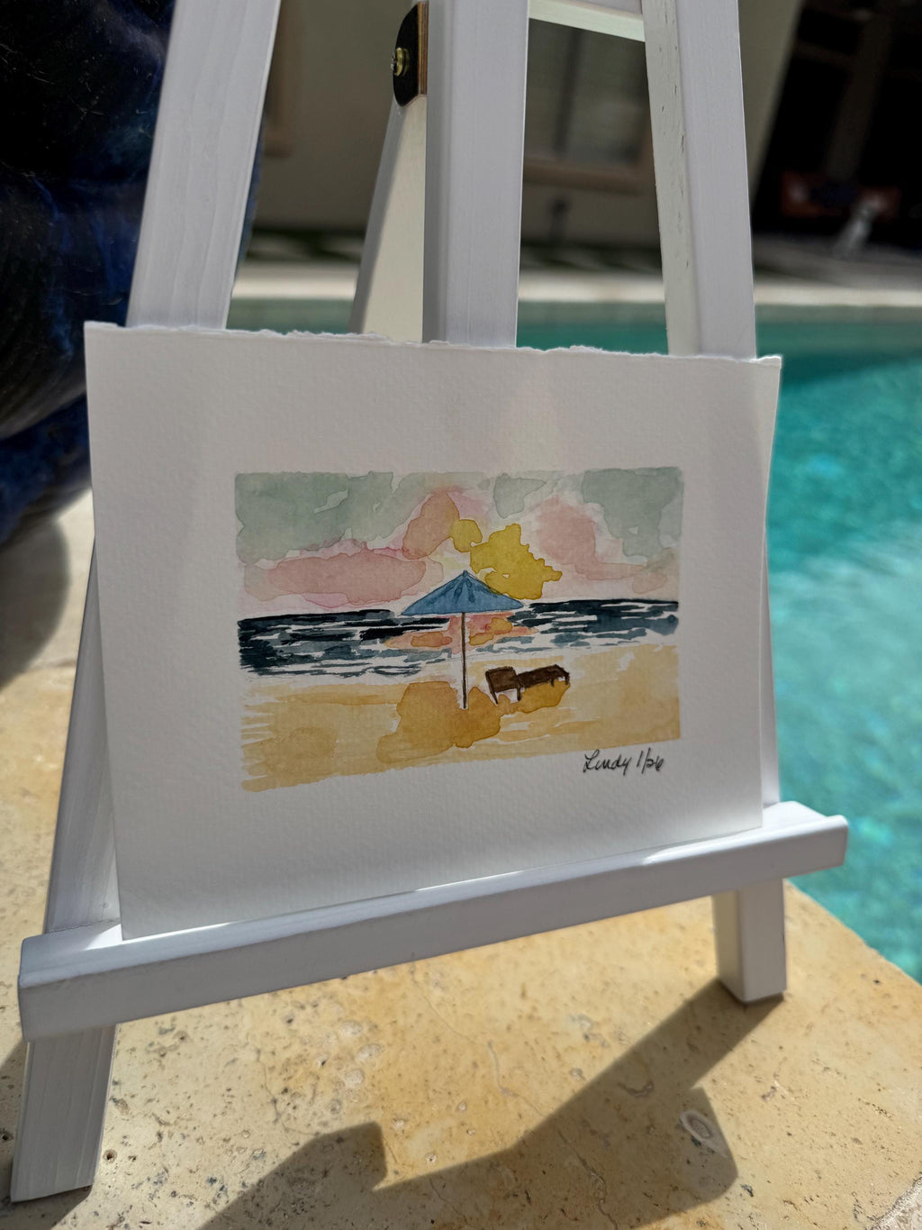 Beach Umbrella Original Watercolor Painting – 4x6 Coastal Summer Wall Art