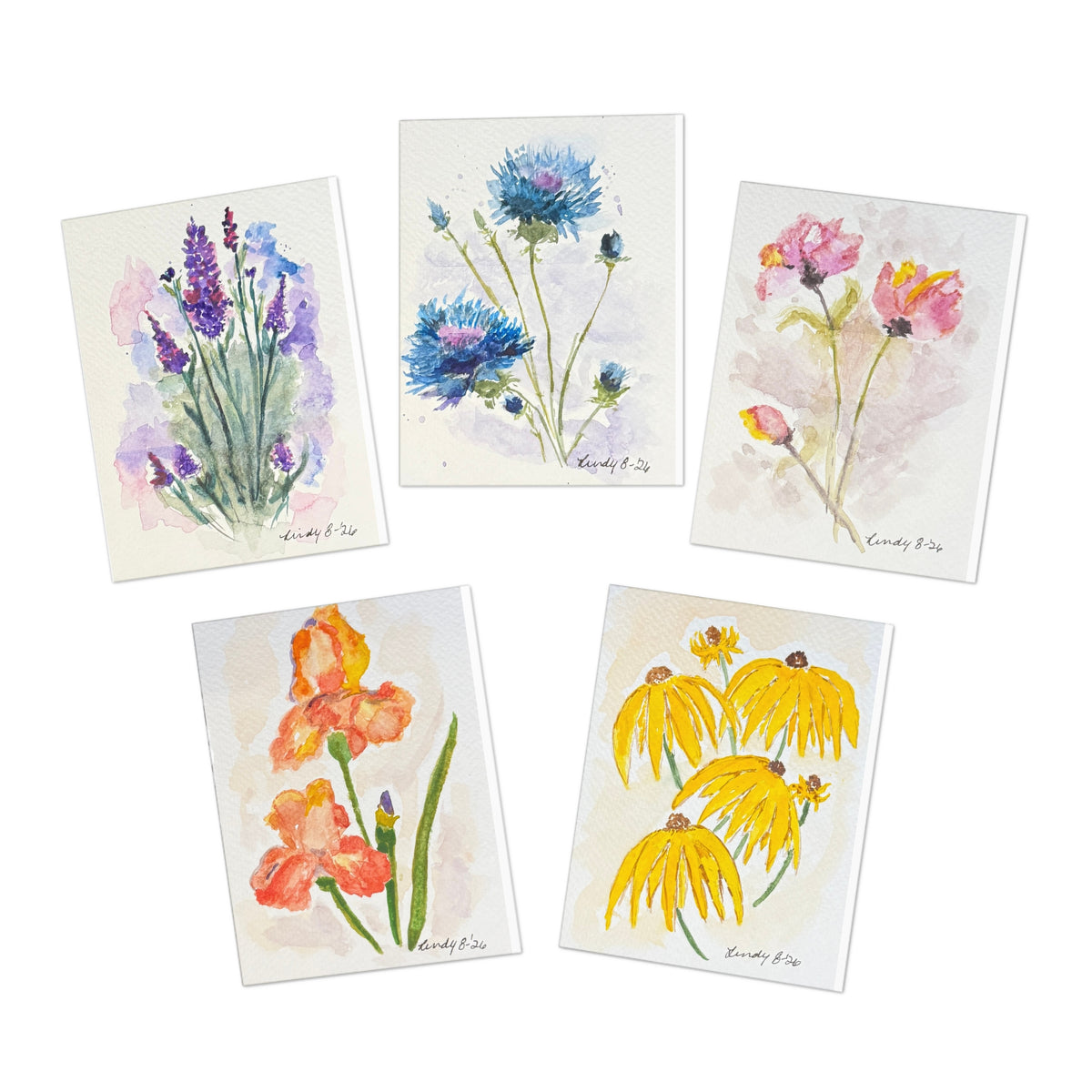 Lavender watercolor greeting card — one of five designs in the Meadow Blooms 5-pack, with matching envelope
