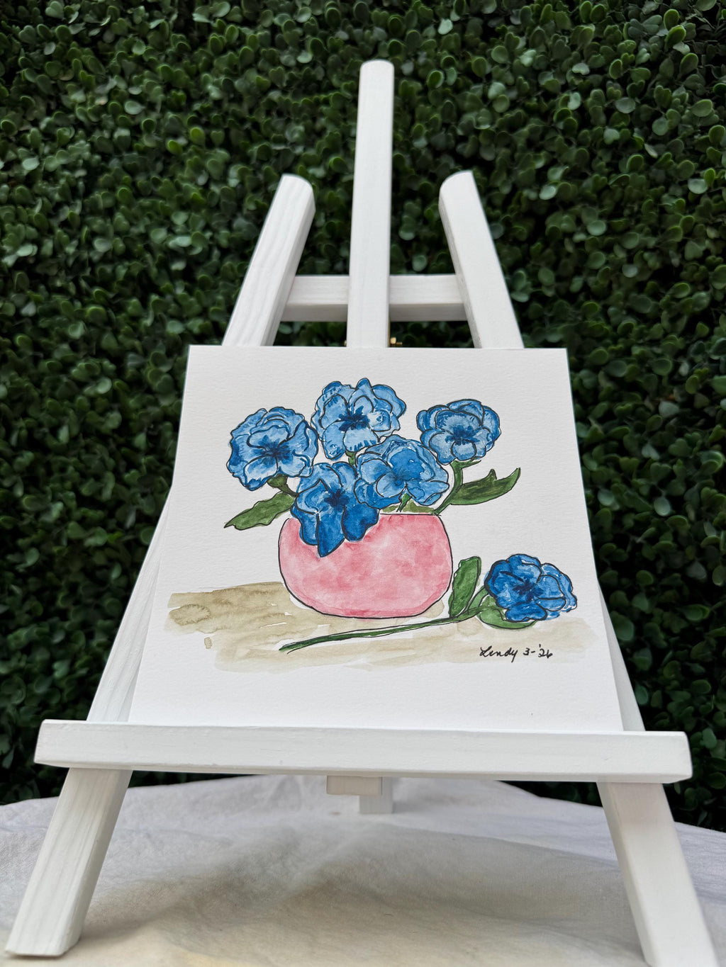 Blue Flowers in Pink Bowl Original Watercolor – 6x6 Abstract Floral Wall Art