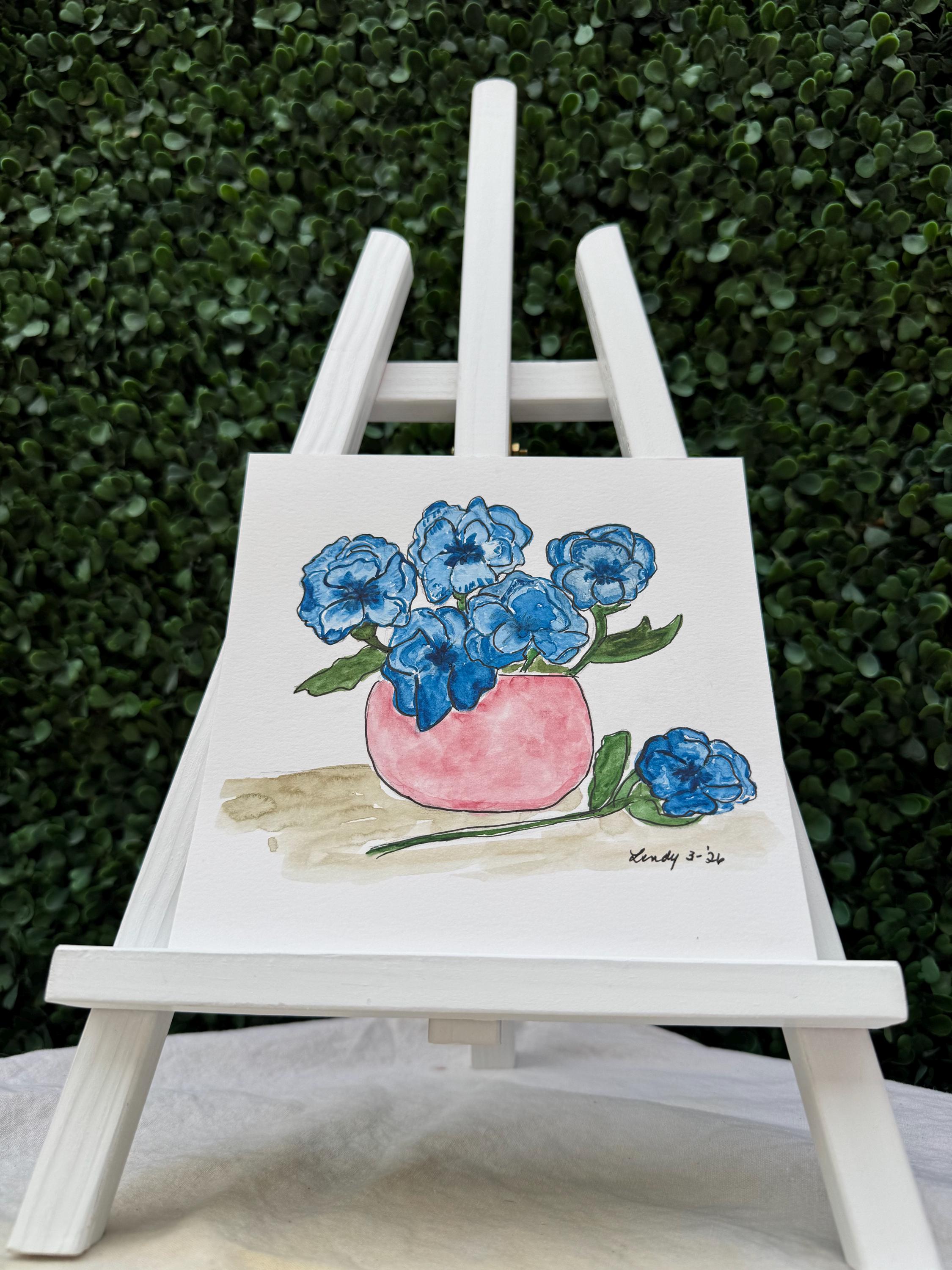 Blue Flowers in Pink Bowl Original Watercolor – 6x6 Abstract Floral Wall Art