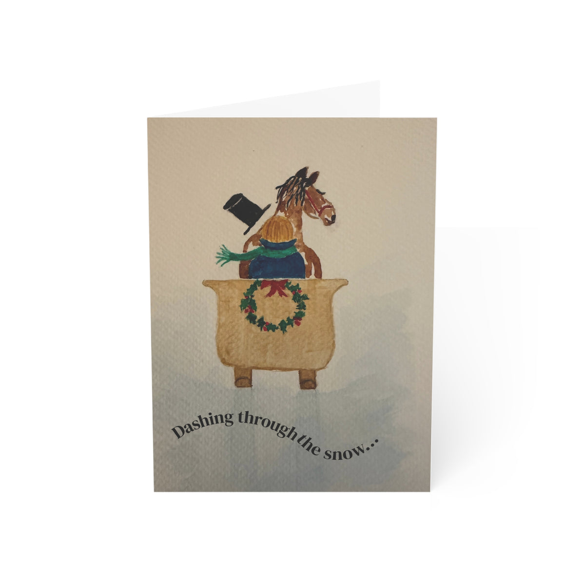 Dashing Through the Snow watercolor Christmas card, 5x7, front view