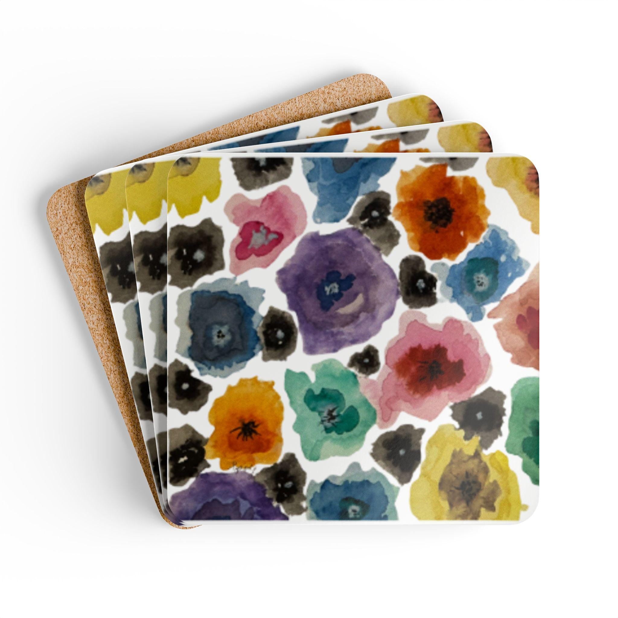 Chihuly-Inspired Floral Cork Coaster Set – Set of 4, Watercolor Art Housewarming Gift