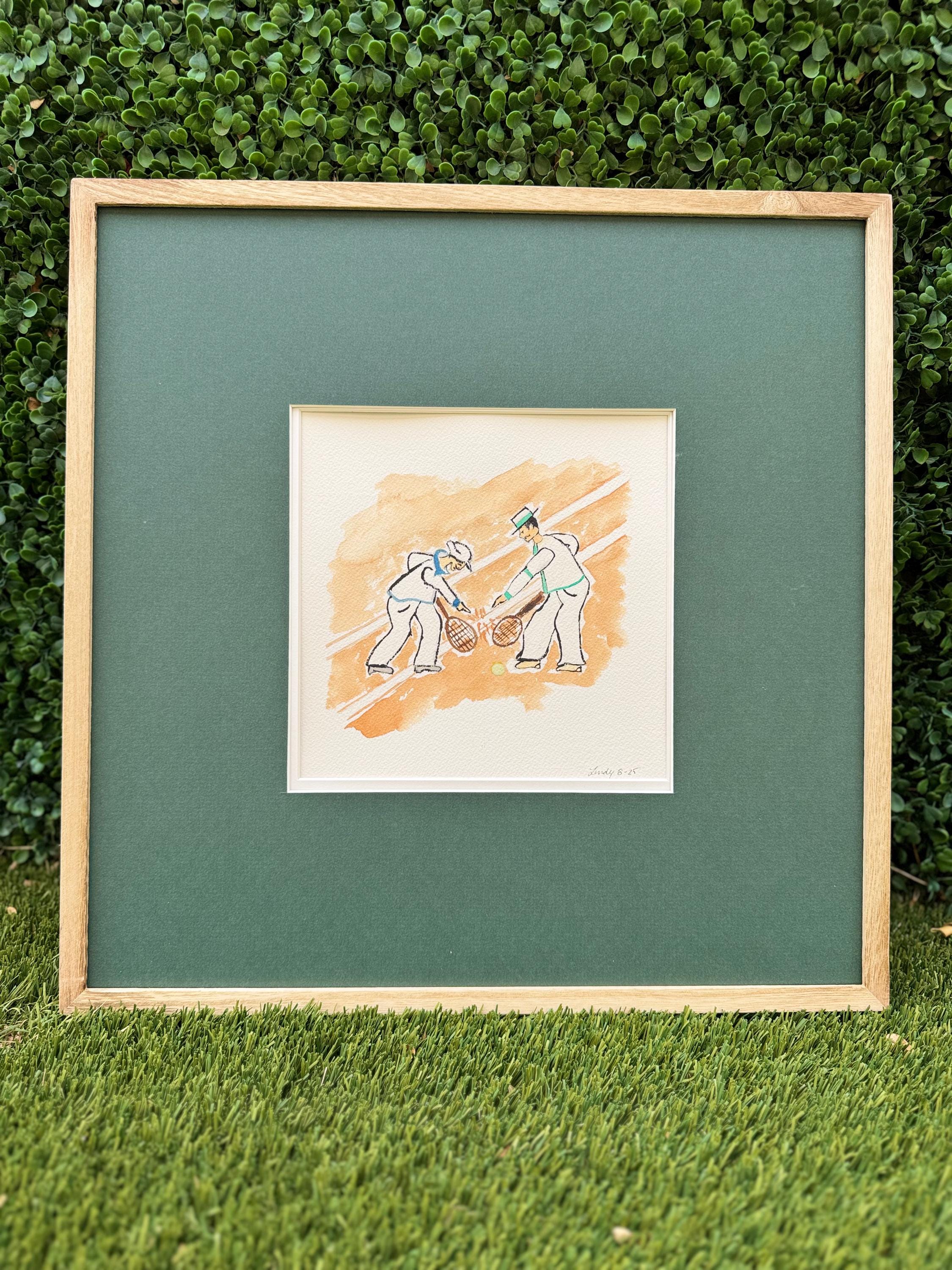 Tennis Line Call Argument Original Watercolor – 8x8 Vintage Sports Wall Art