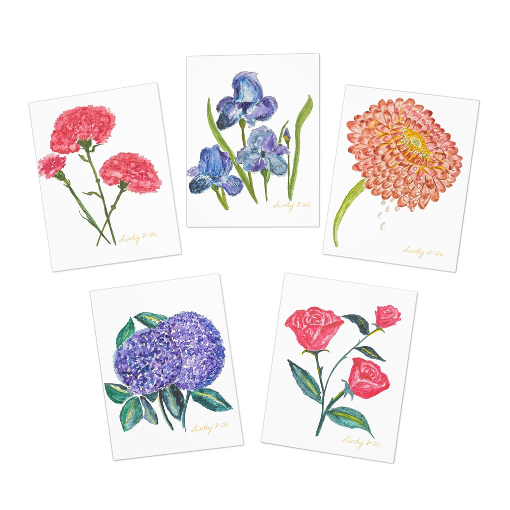 Posies watercolor greeting cards, pack of 5 folded cards — roses, zinnia, hydrangea, carnations and blue iris, one of each design, with envelopes