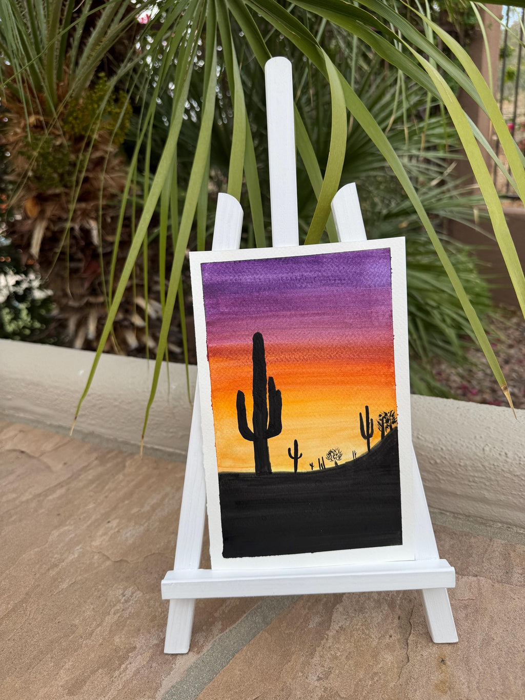 Arizona Desert Sunset Original Watercolor Painting – 6x9 Southwest Cactus Wall Art