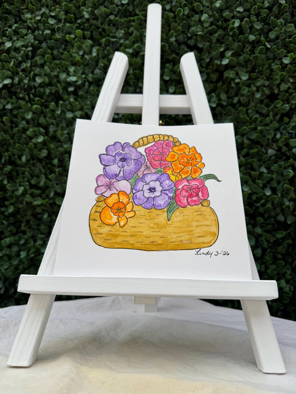 Flower Basket Original Watercolor Painting – 6x6 Floral Wall Art with Ink Detail