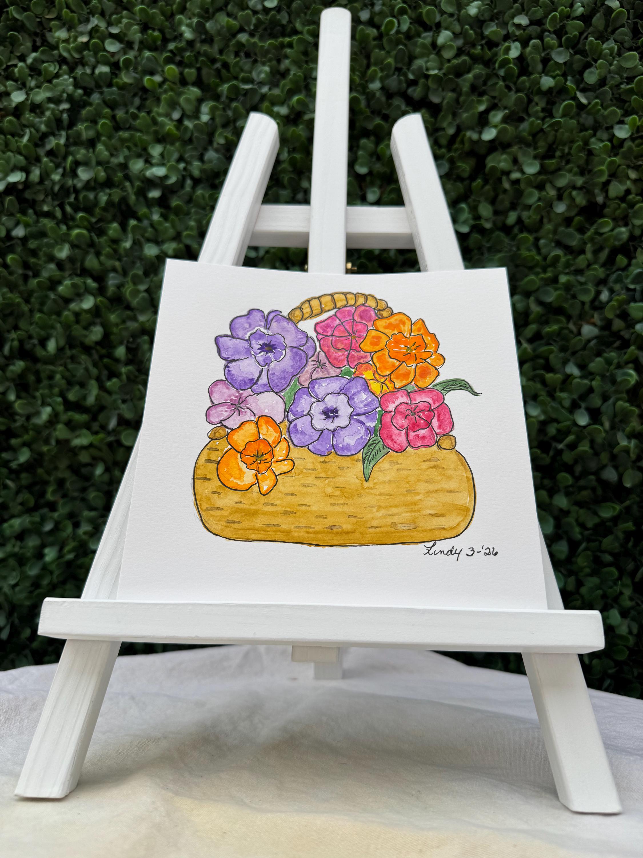 Flower Basket Original Watercolor Painting – 6x6 Floral Wall Art with Ink Detail
