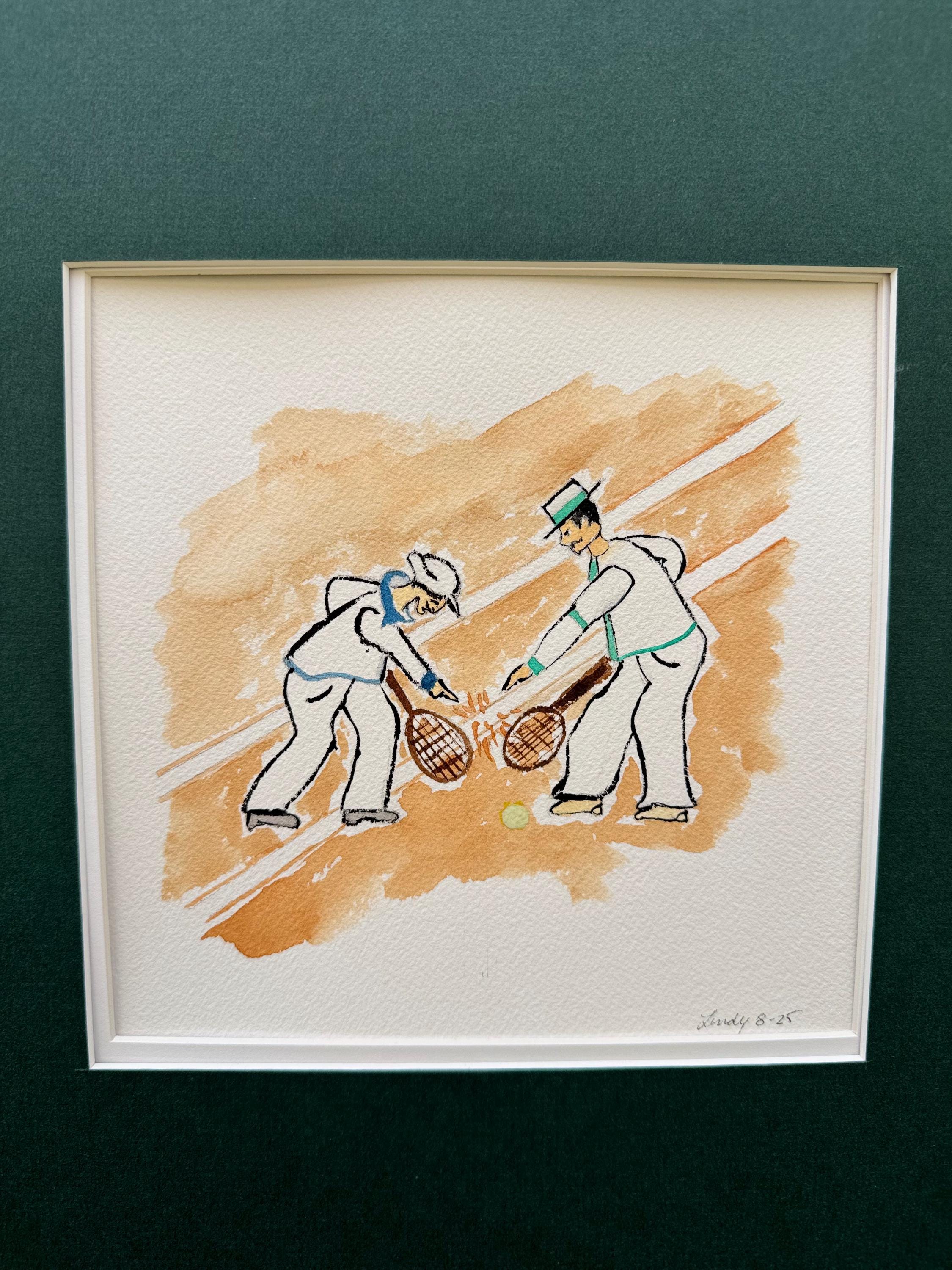 Tennis Line Call Argument Original Watercolor – 8x8 Vintage Sports Wall Art