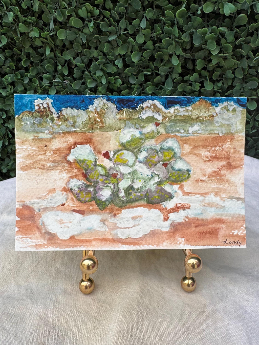 Prickly Pear Cactus in Snow Original Watercolor – 4x6 Southwest Winter Wall Art