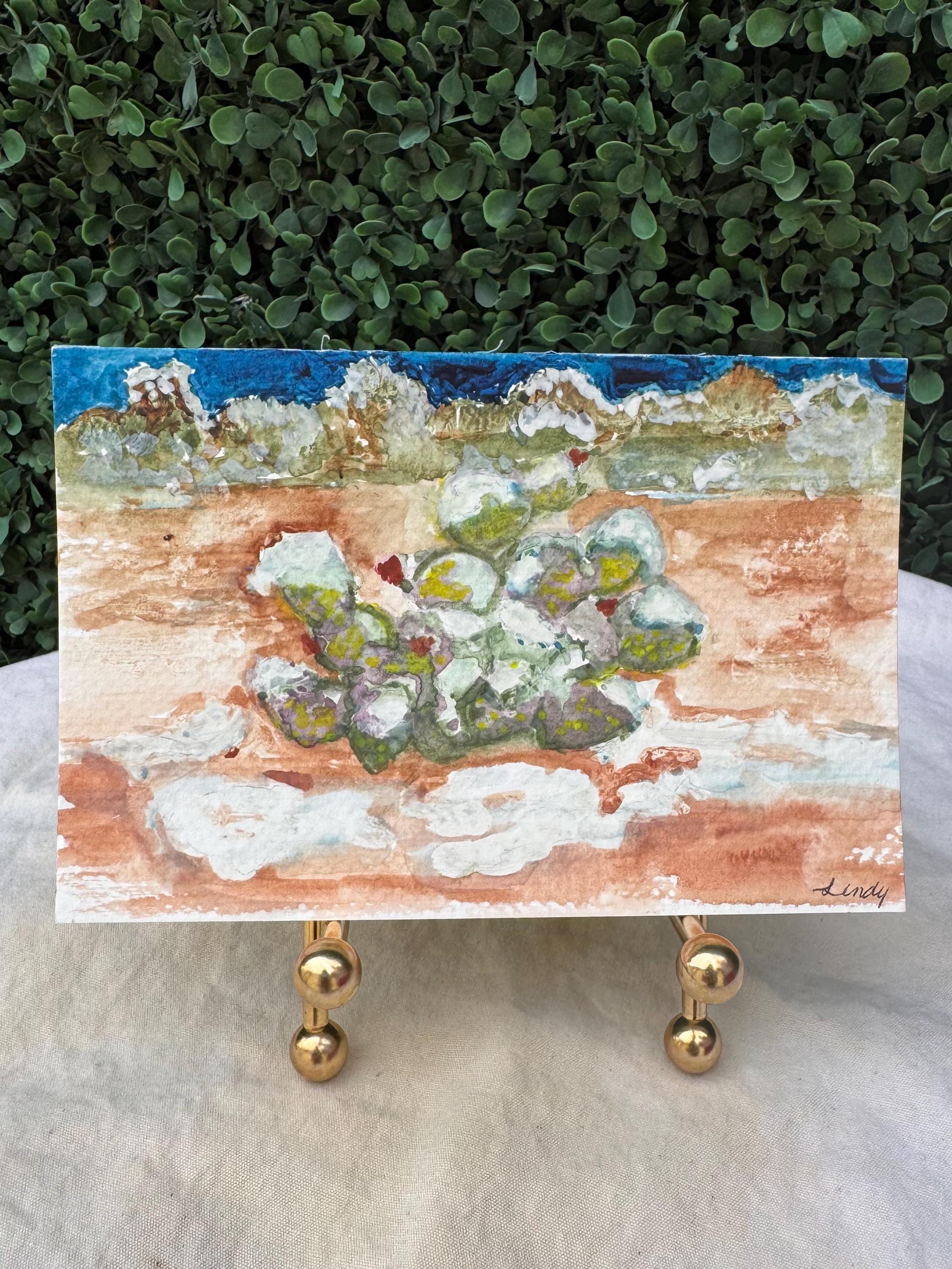 Prickly Pear Cactus in Snow Original Watercolor – 4x6 Southwest Winter Wall Art