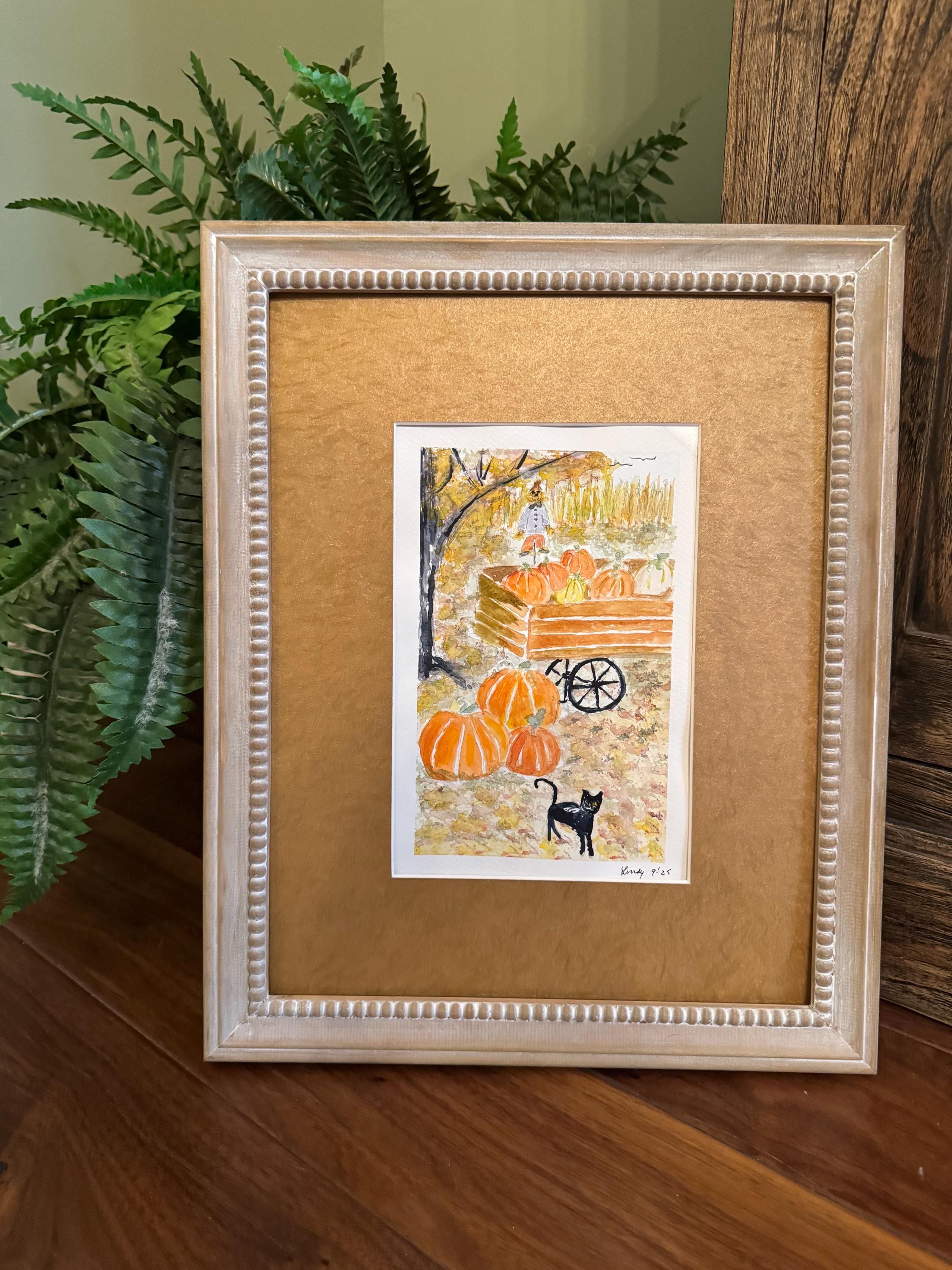 Halloween Watercolor Painting – 7x10 Original Black Cat Pumpkin Hay Ride Wall Art