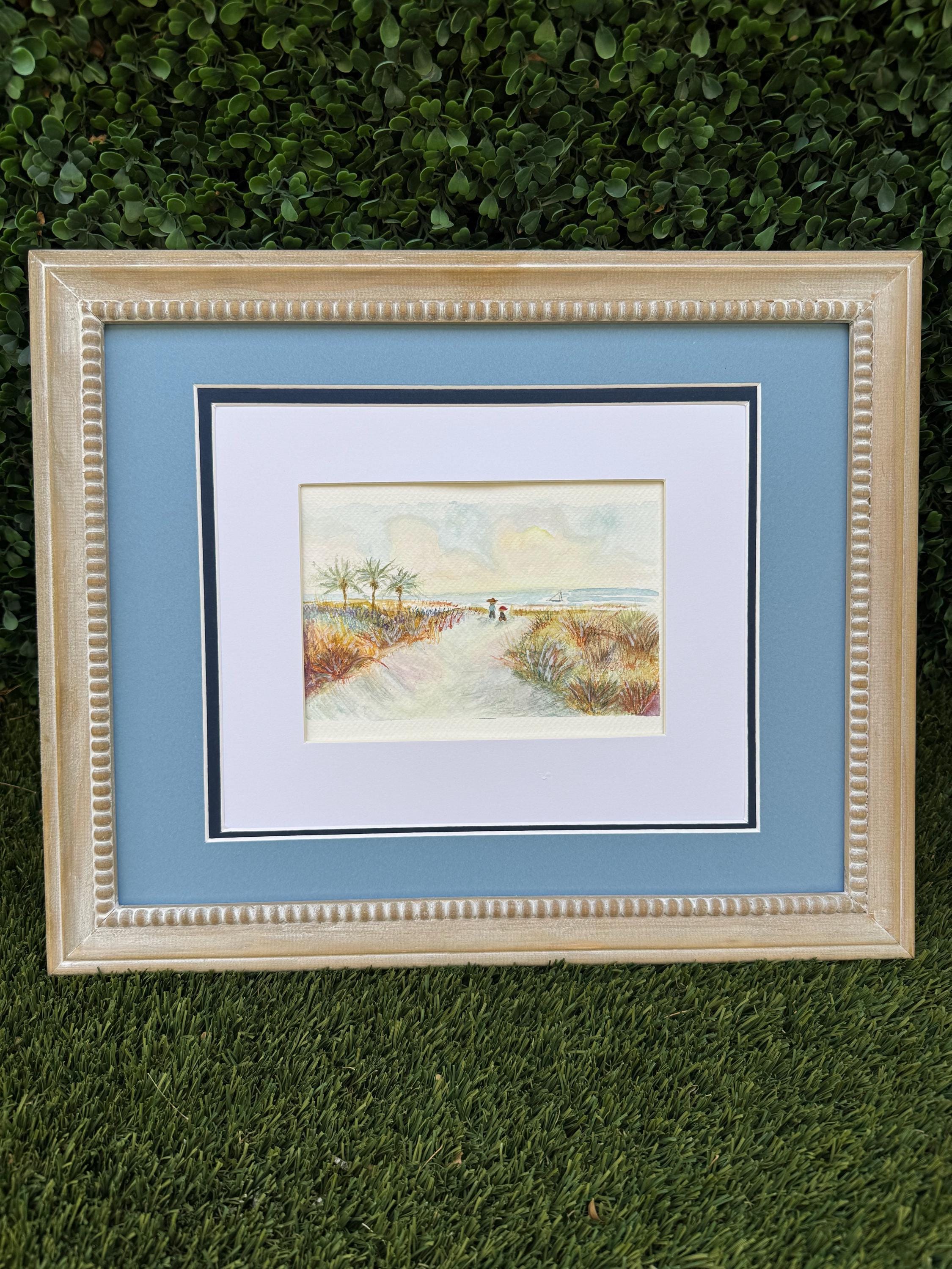 A Walk with Grandpa Original Watercolor Painting – 6x10 Beach Path Family Wall Art