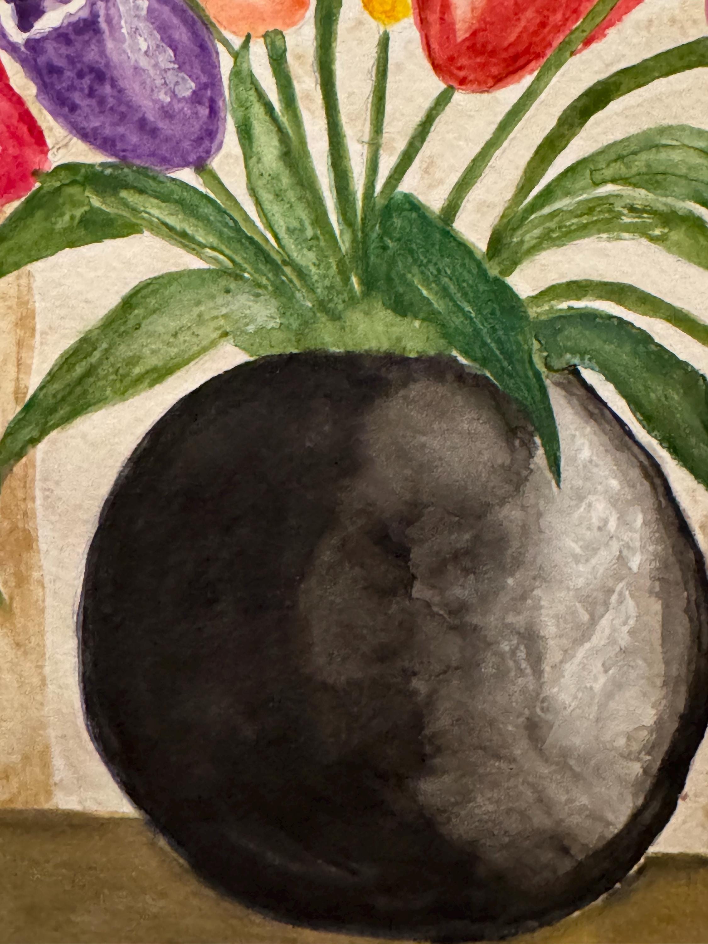 Tulips in Black Vase Original Watercolor Painting – 7x10 Floral Wall Art