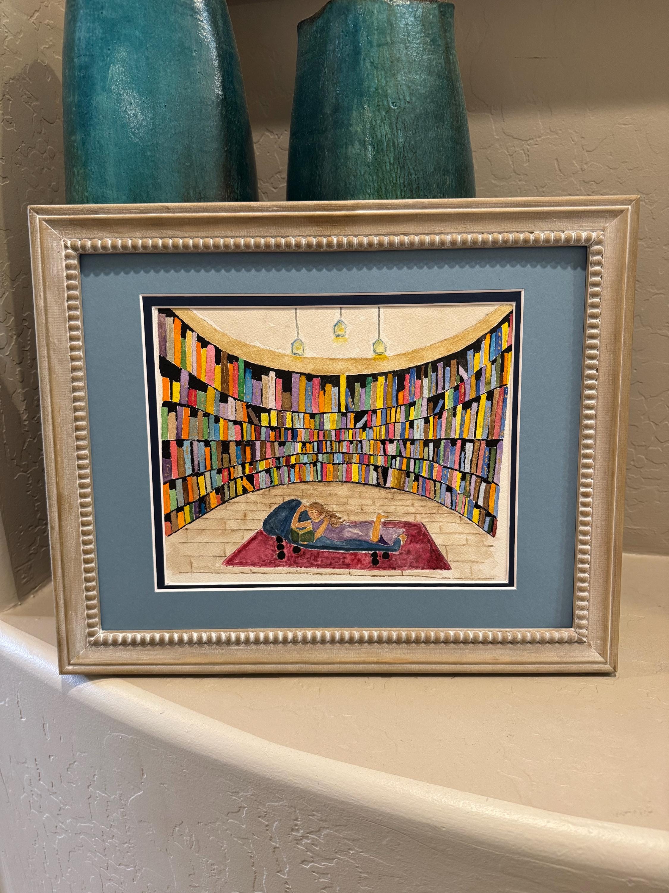 Reading in the Library Original Watercolor Painting – 9x12 Book Lover Wall Art