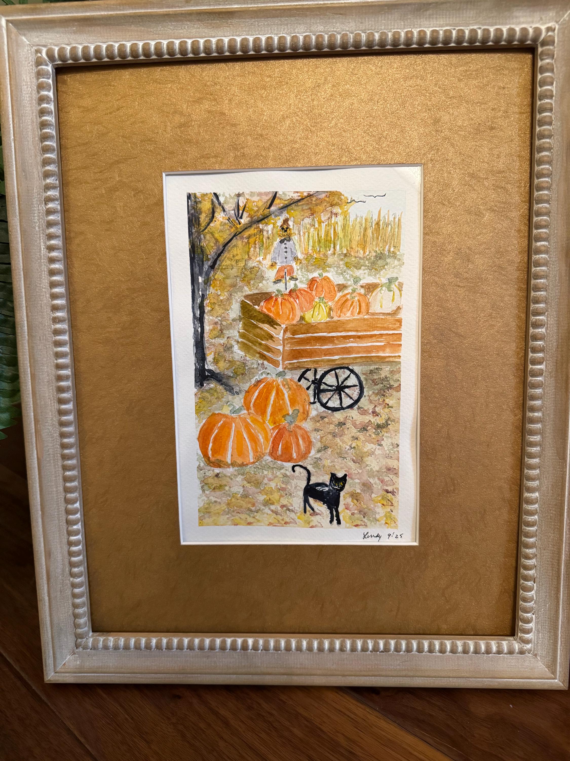 Halloween Watercolor Painting – 7x10 Original Black Cat Pumpkin Hay Ride Wall Art