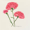 Red Carnations original watercolor painting — three red carnation stems hand-painted on 6x6 cotton paper by Lindy Rosenson