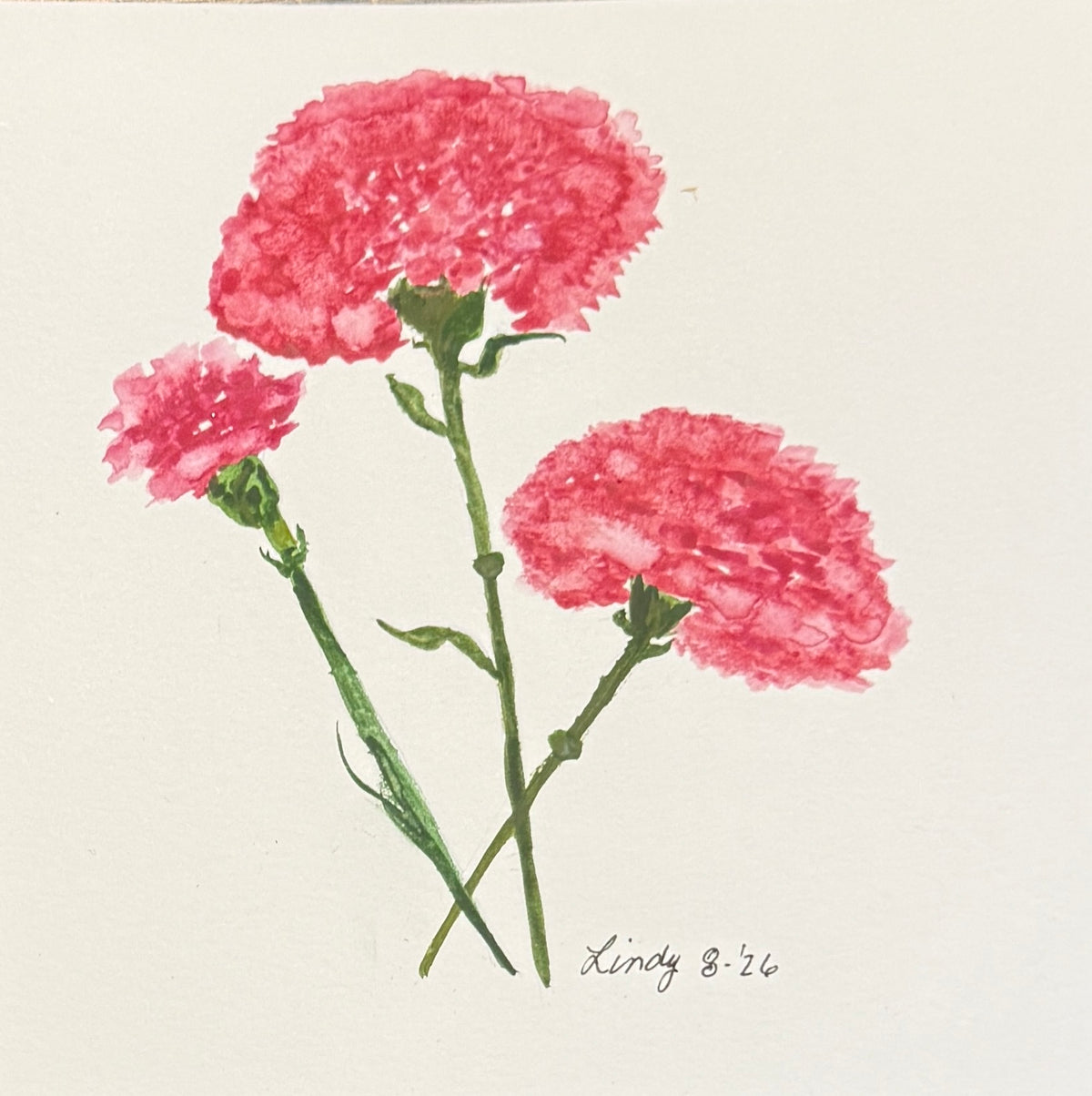 Red Carnations original watercolor painting — three red carnation stems hand-painted on 6x6 cotton paper by Lindy Rosenson
