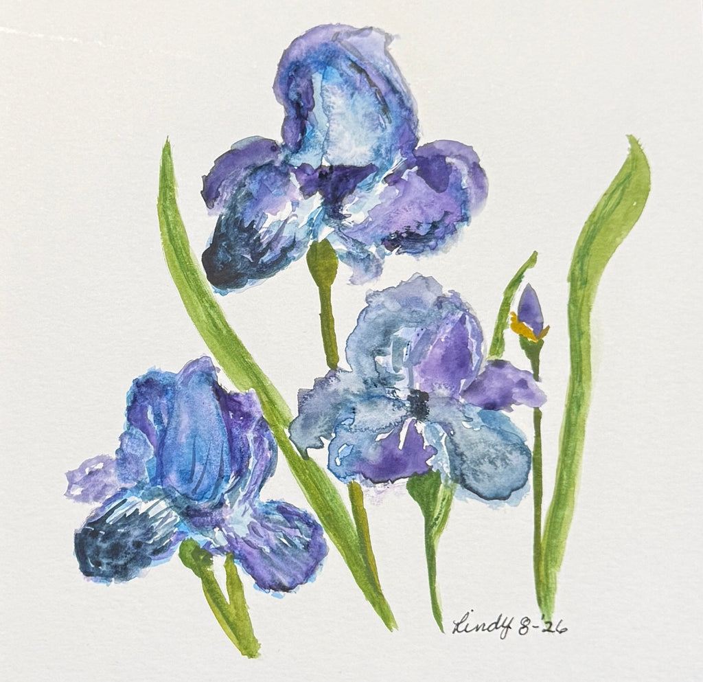Blue Irises original watercolor painting — blue and purple bearded irises hand-painted on 6x6 cotton paper by Lindy Rosenson