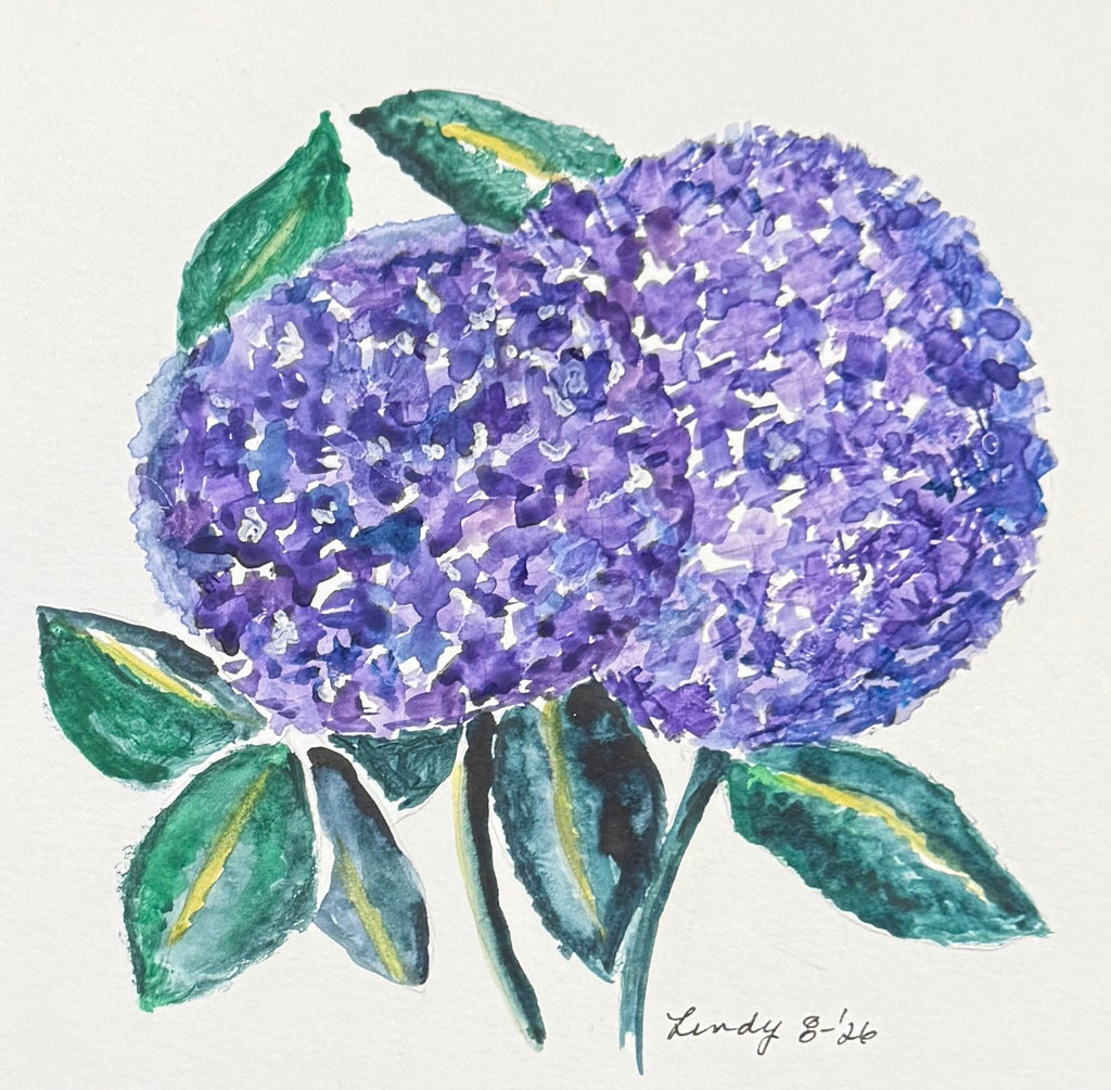 Purple Hydrangea original watercolor painting — purple hydrangea blooms hand-painted on 6x6 cotton paper by Lindy Rosenson