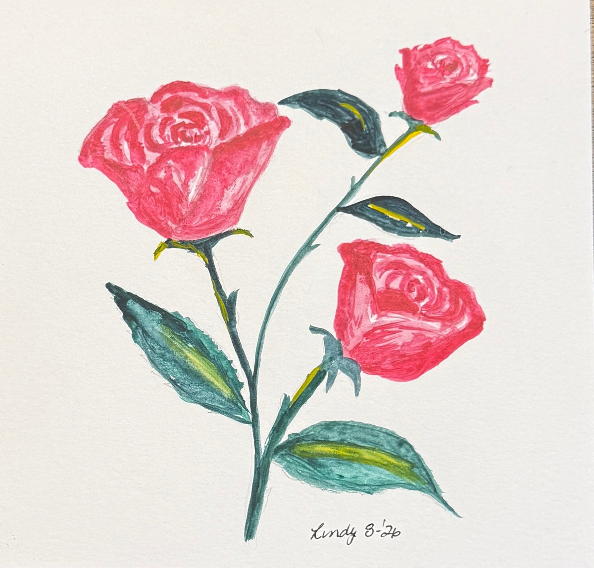 Pink Roses original watercolor painting — soft pink roses hand-painted on 6x6 cotton paper by Lindy Rosenson
