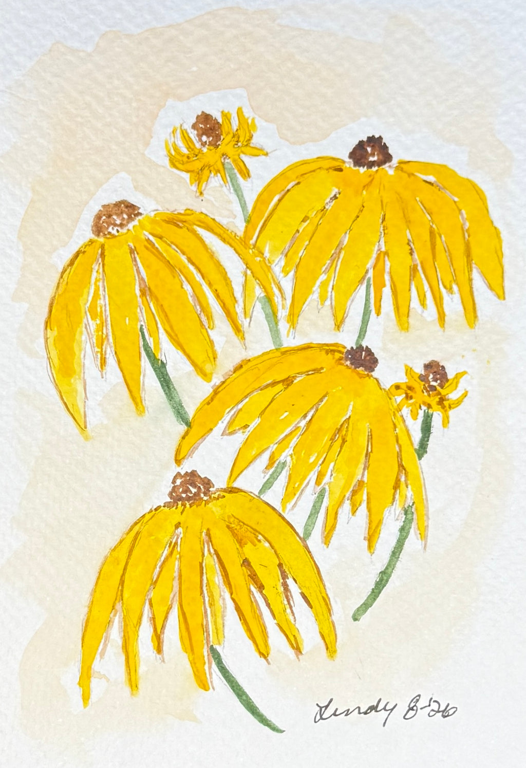 Yellow Coneflowers original watercolor painting — bright yellow coneflowers hand-painted on 4x6 cotton paper by Lindy Rosenson