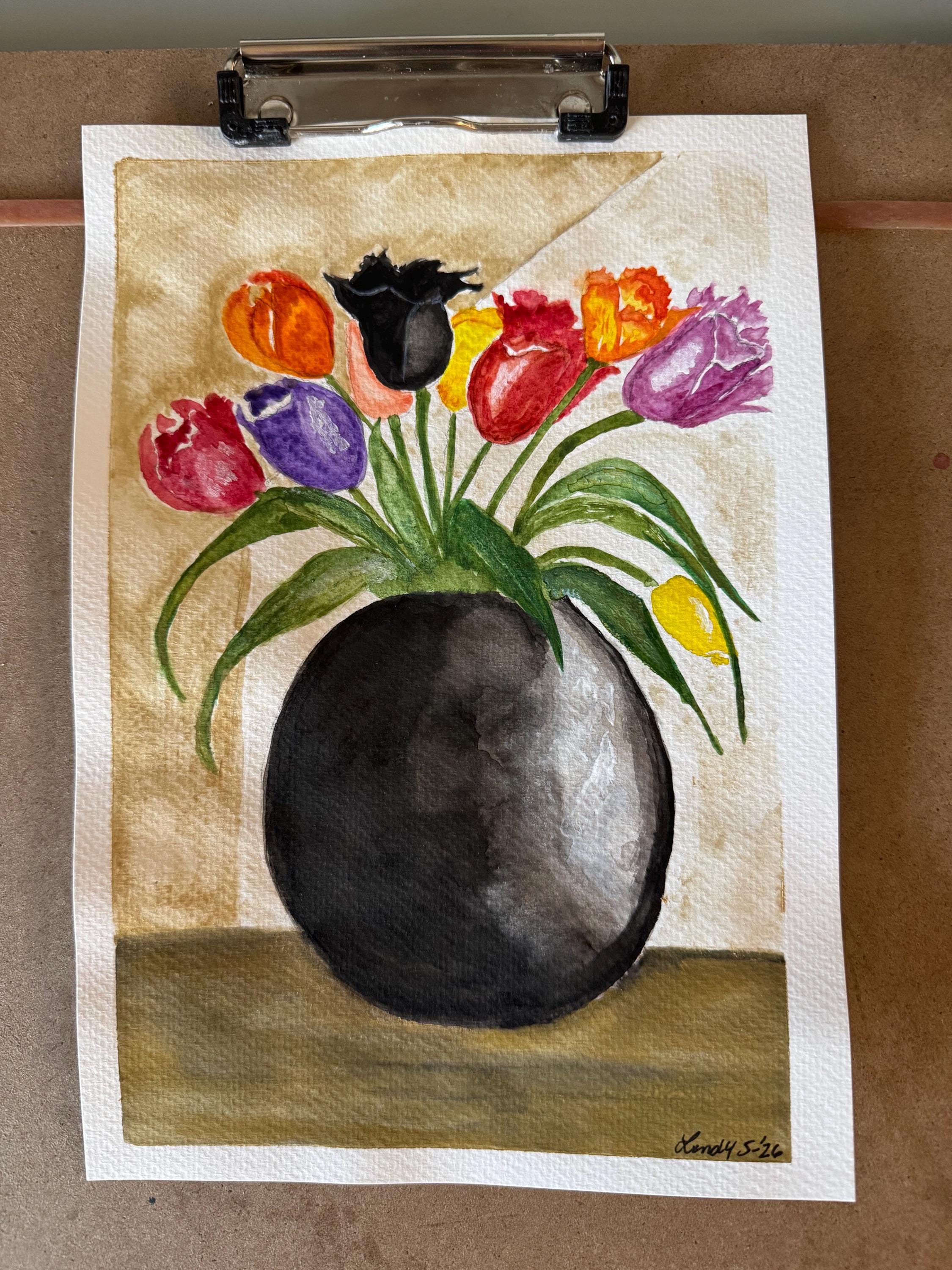 Tulips in Black Vase Original Watercolor Painting – 7x10 Floral Wall Art