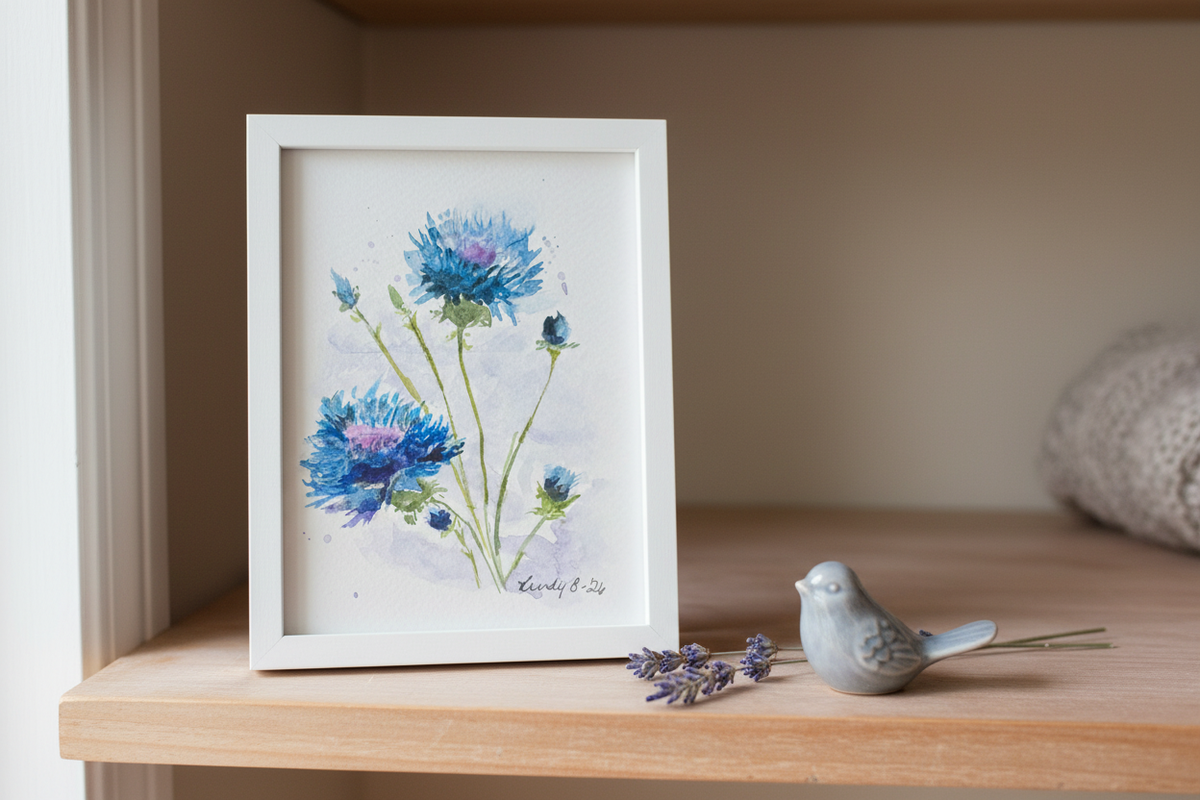 Blue cornflowers watercolor — one of five designs in the Meadow Blooms card set, shown in a room setting