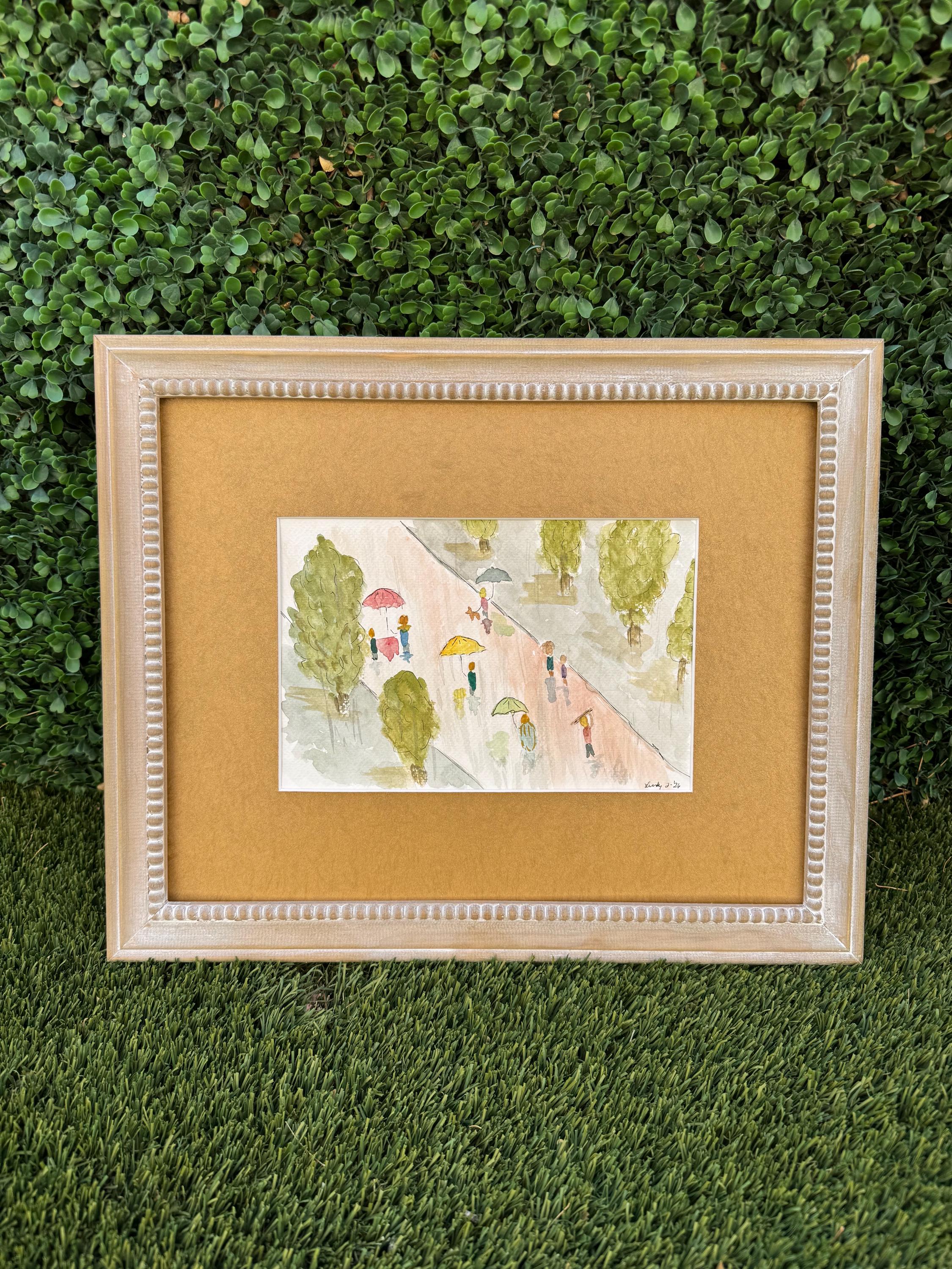Rainy Day Stroll Original Watercolor Painting – 6x9 Park Scene Impressionist Wall Art