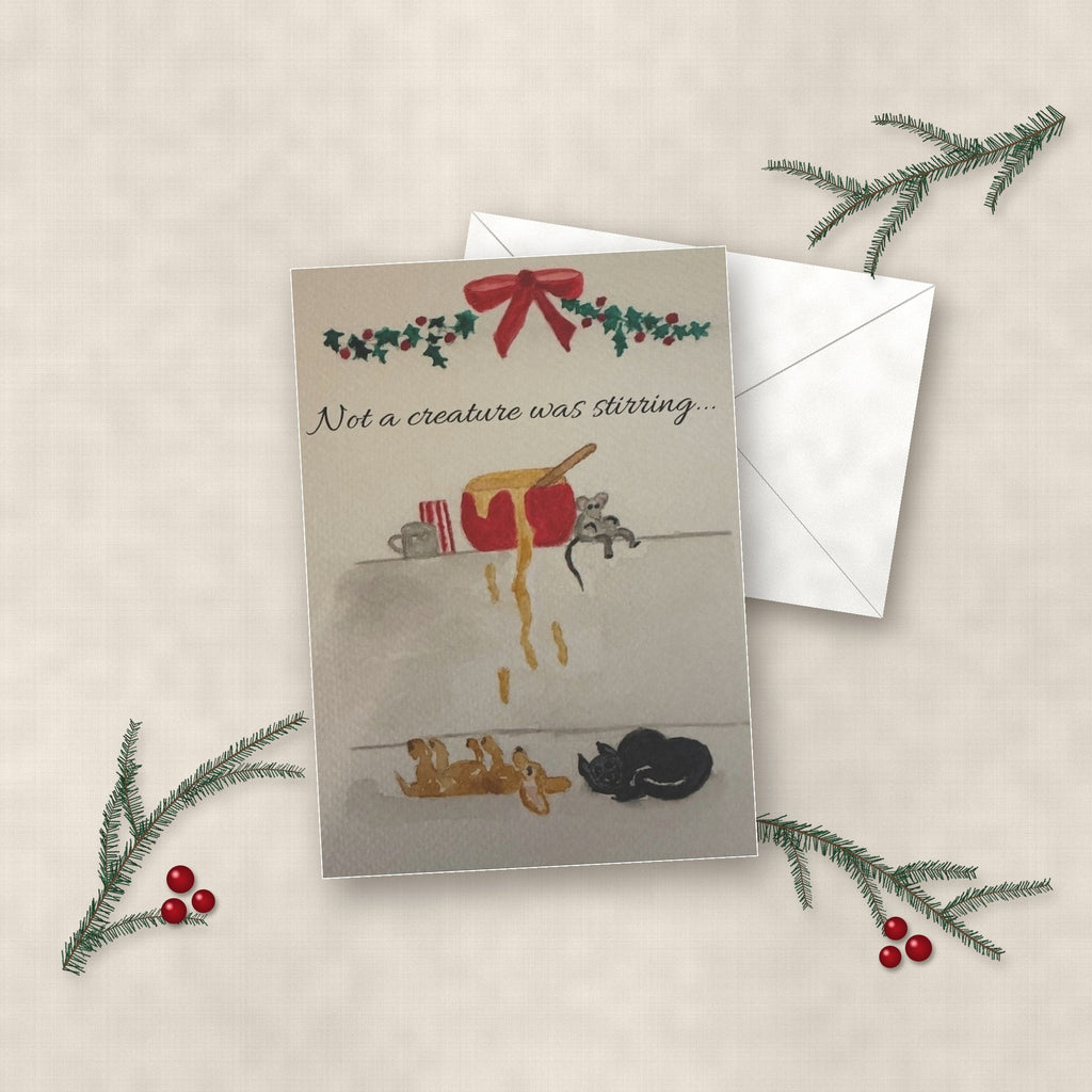 Not a Creature Was Stirring watercolor Christmas card on linen with white envelope, pine sprigs and red berries