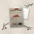 Not a Creature Was Stirring watercolor Christmas card on linen with white envelope, pine sprigs and red berries