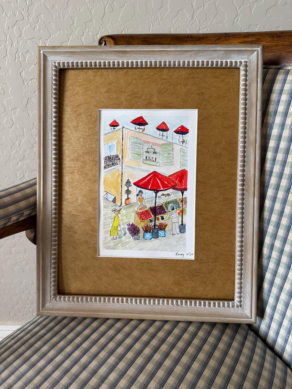 Hand-painted European village market scene, unframed original — additional view