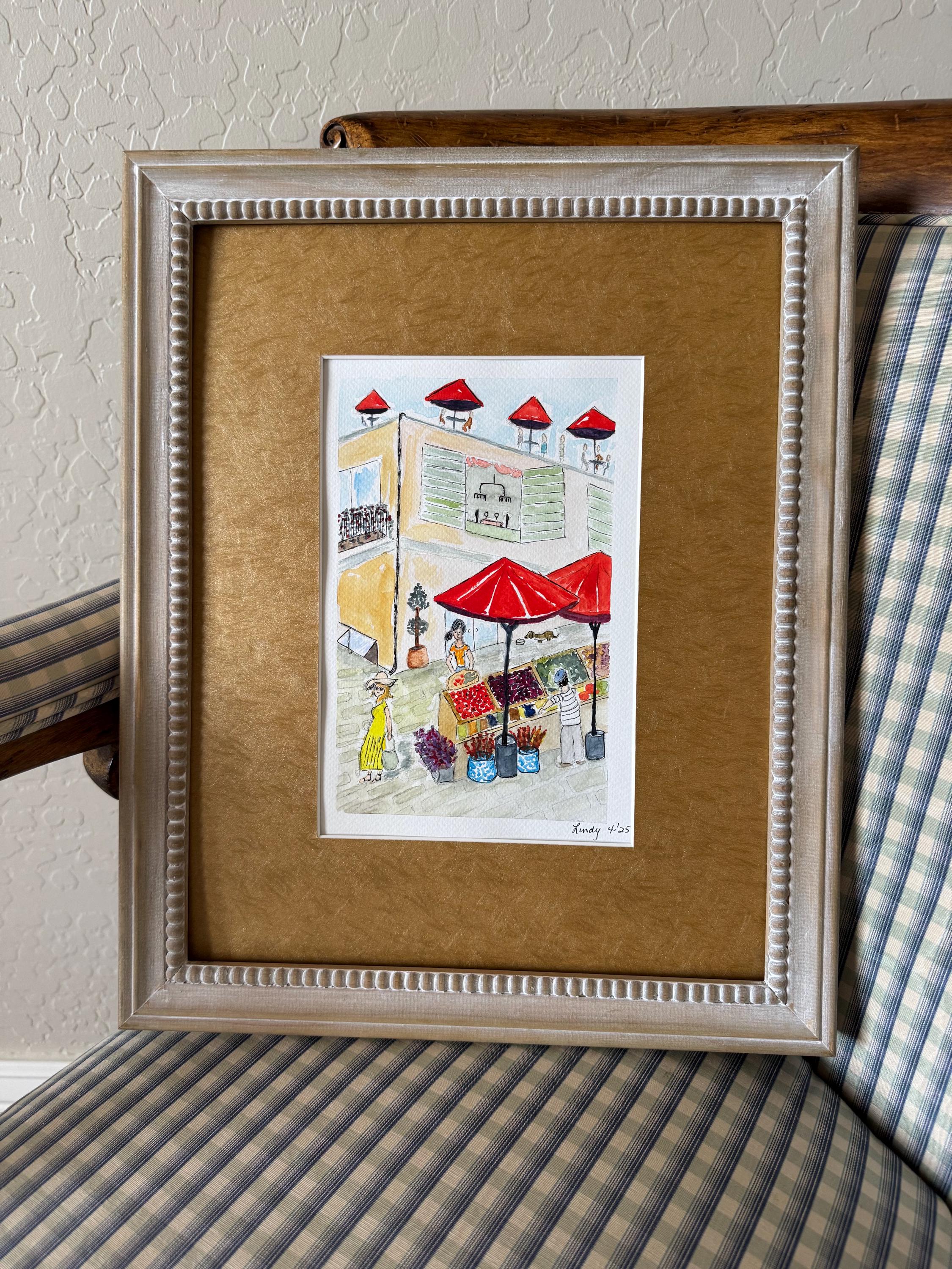 French Market Day Original Watercolor Painting – 7x10 European Village Wall Art