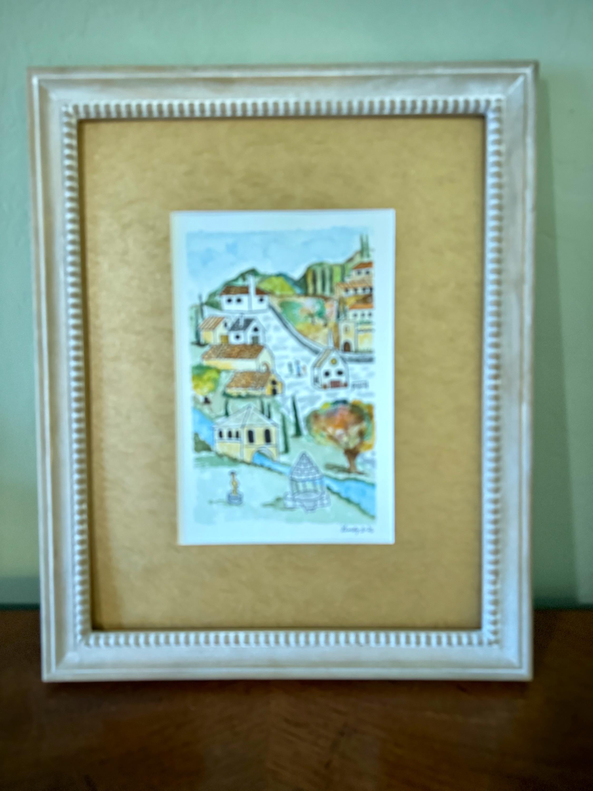 Country Village Original Watercolor Painting – 6x9 Gazebo Church Stream Wall Art