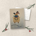 Dashing Through the Snow watercolor Christmas card on linen with white envelope, pine sprigs and red berries