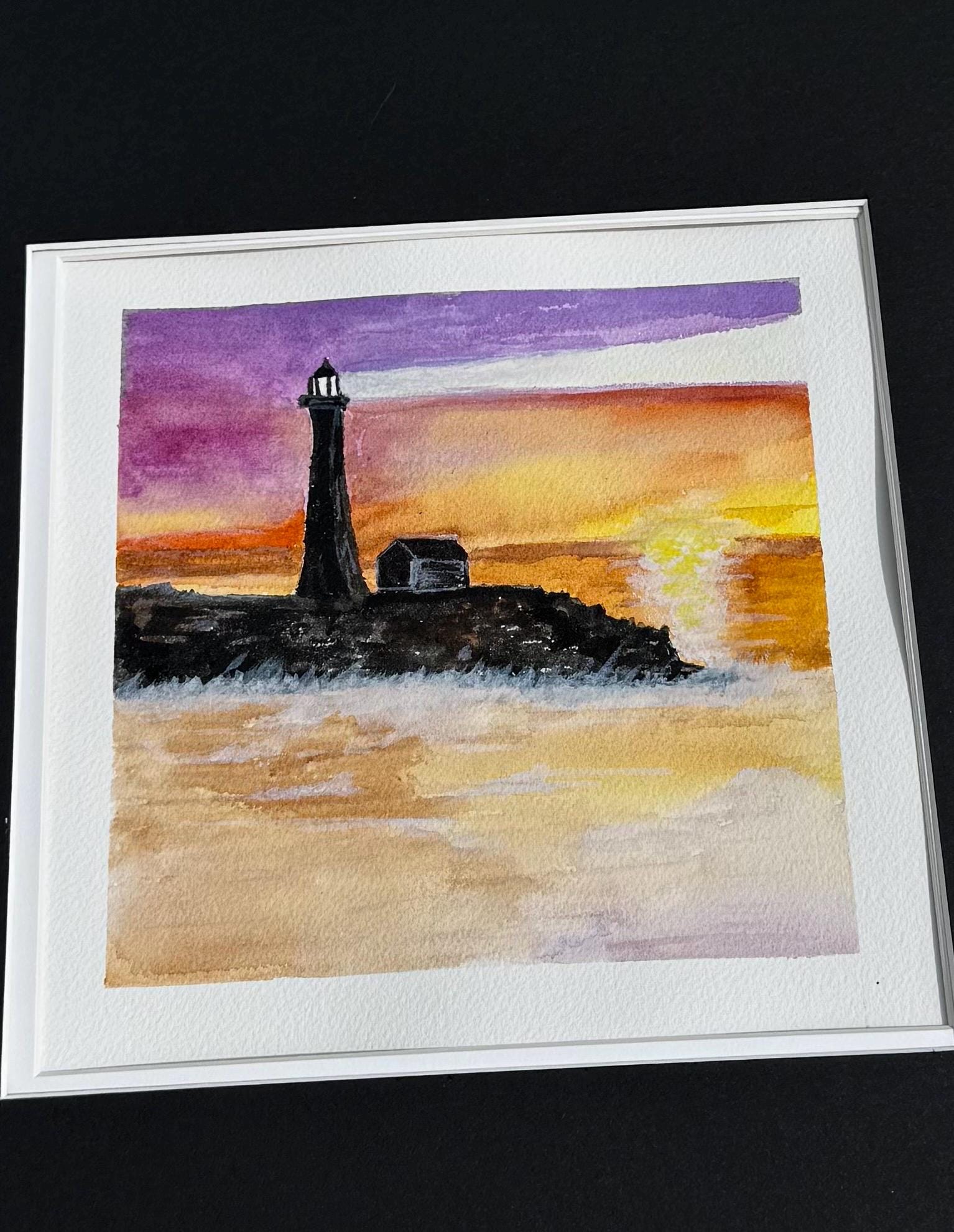 Lighthouse at Sunset Original Watercolor Painting – 8x8 Nautical Coastal Wall Art