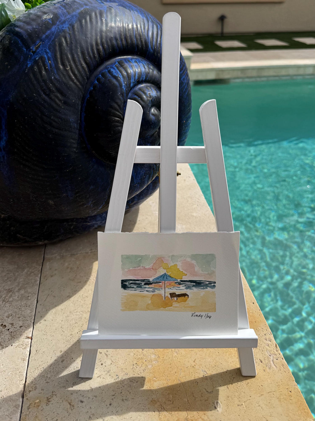 Beach Umbrella Original Watercolor Painting – 4x6 Coastal Summer Wall Art