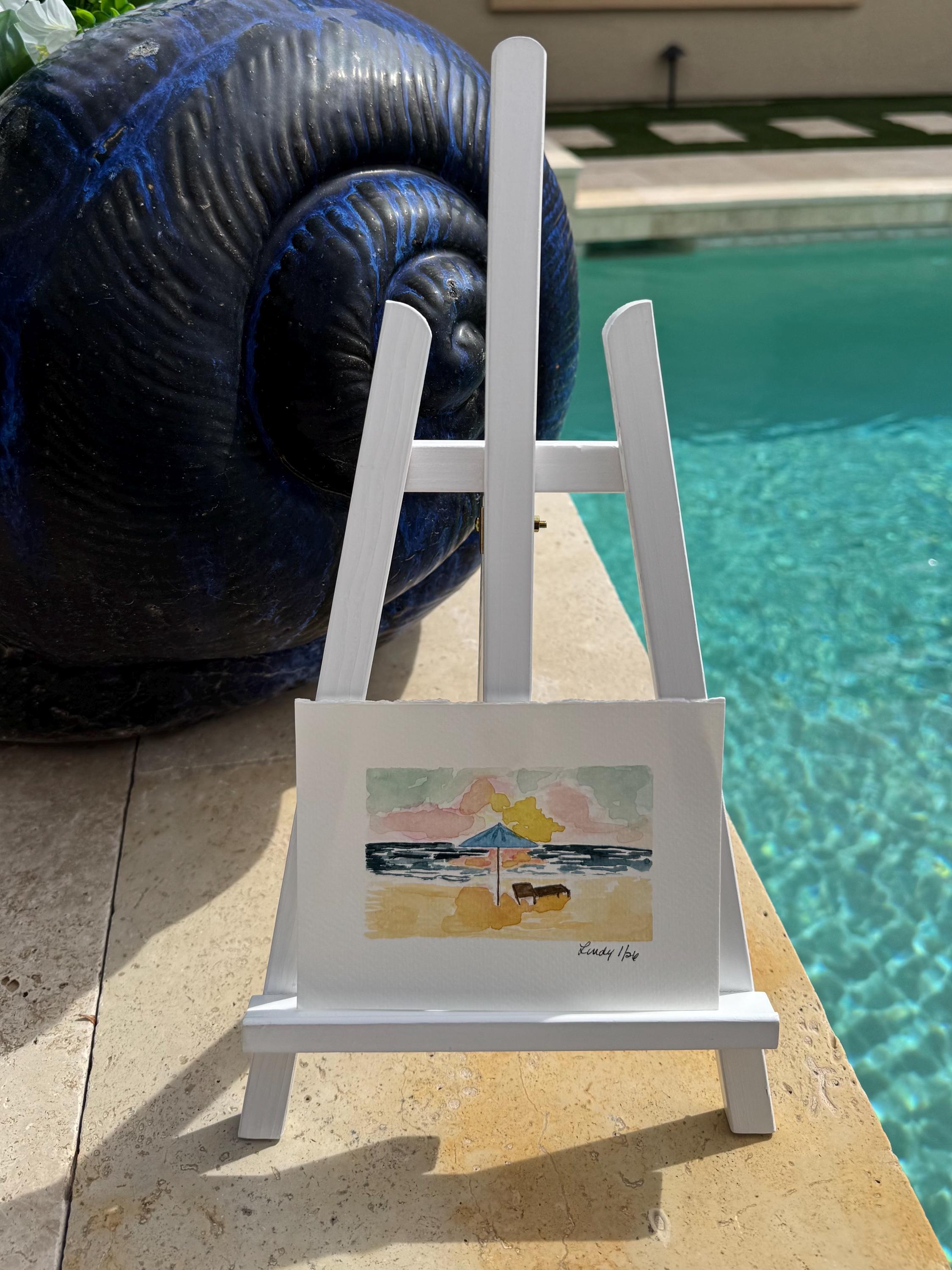 Beach Umbrella Original Watercolor Painting – 4x6 Coastal Summer Wall Art