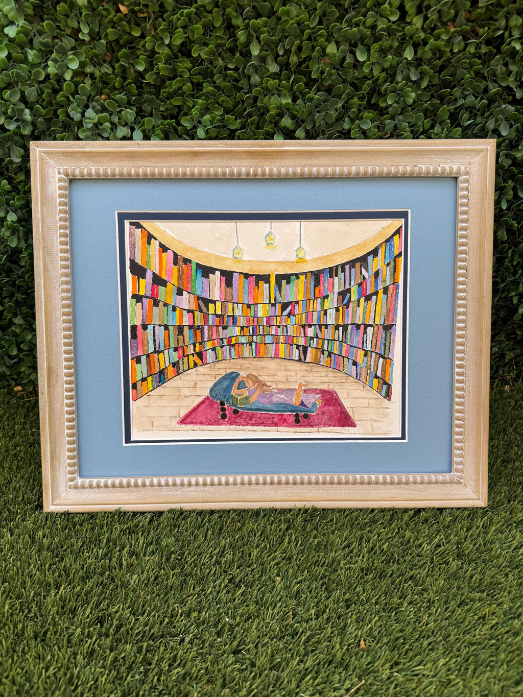 Reading in the Library Original Watercolor Painting – 9x12 Book Lover Wall Art