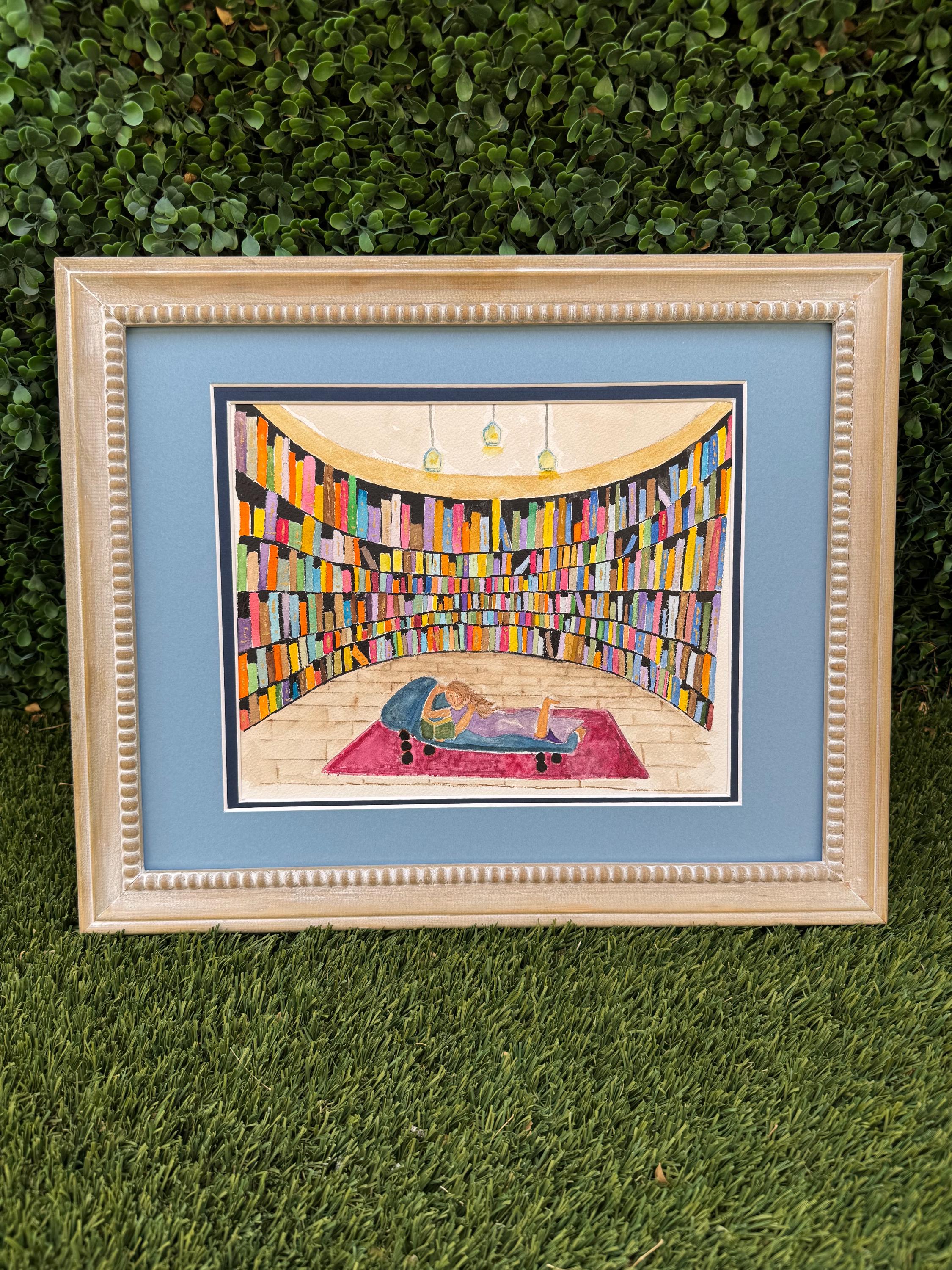Reading in the Library Original Watercolor Painting – 9x12 Book Lover Wall Art