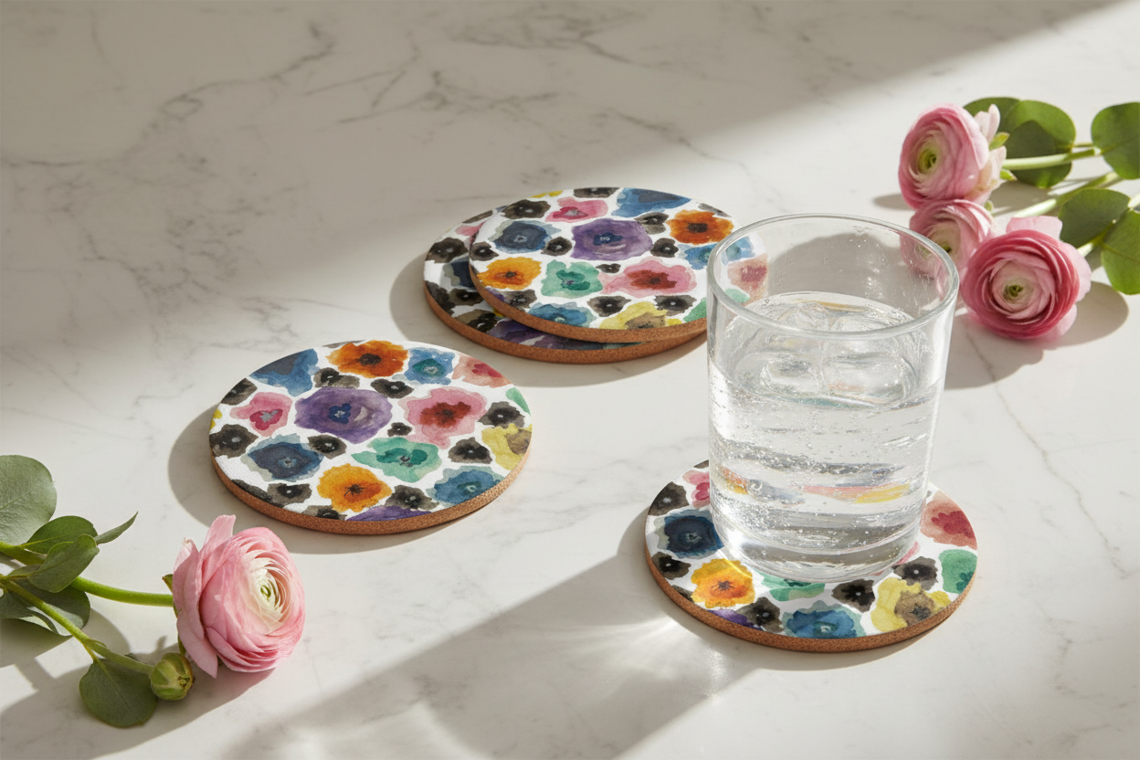 Floral Cork Coaster Set – Lifestyle Shot