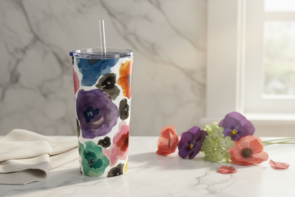 Floral Watercolor Tumbler – Lifestyle Shot