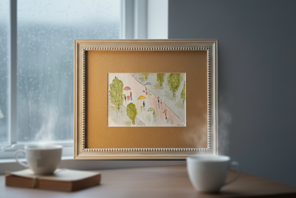 Rainy Day Stroll Original Watercolor Painting – 6x9 Park Scene Impressionist Wall Art