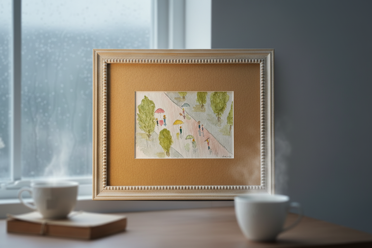 Rainy Day Stroll Original Watercolor Painting – 6x9 Park Scene Impressionist Wall Art