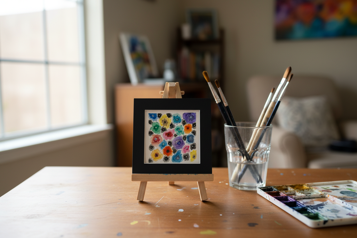 Chihulyesque watercolor painting on a small tabletop easel in an art studio