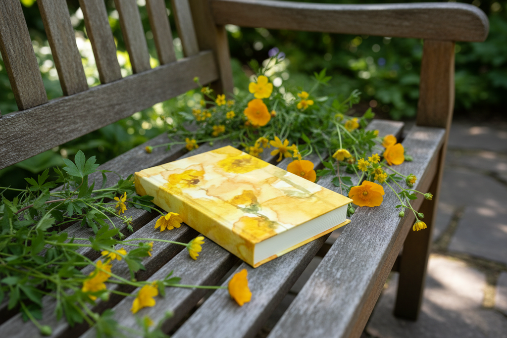 Yellow floral watercolor journal on garden bench surrounded by wildflowers