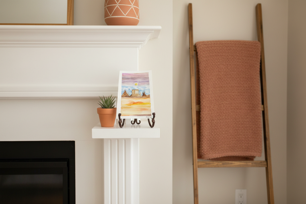Watercolor three forms in the canyon painting framed on a mantle next to a blanket ladder