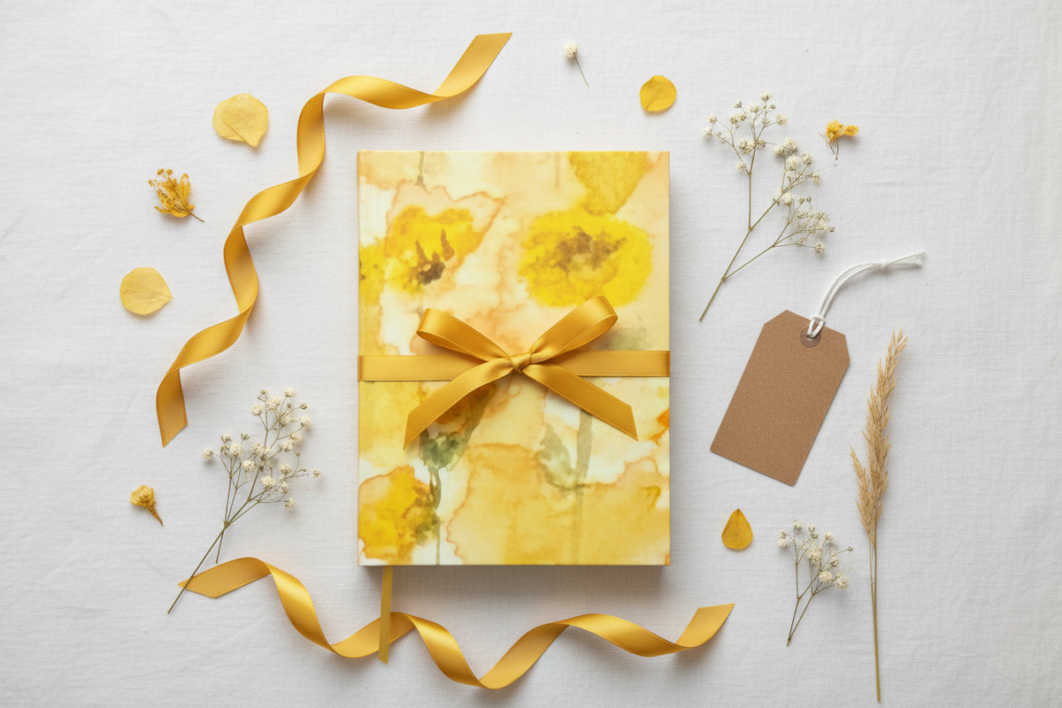 Yellow floral watercolor journal gift flat lay with ribbon and dried flowers on linen